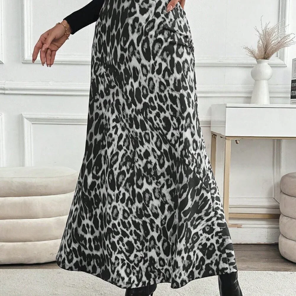 Multicolor Elegant Women's High Waist Leopard Print Maxi Length Skirt